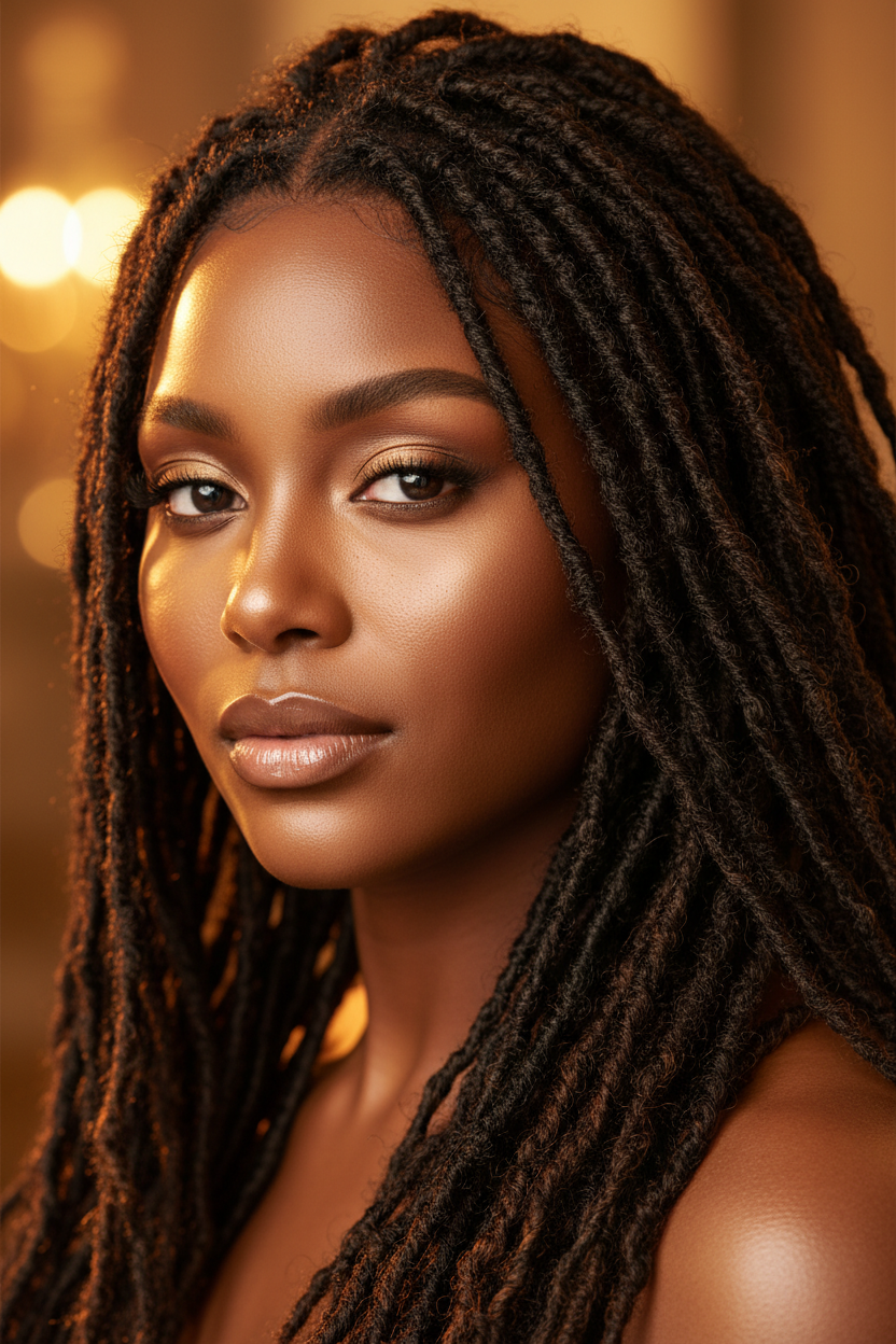 Close-up of faux locs twist wig with natural black distressed texture