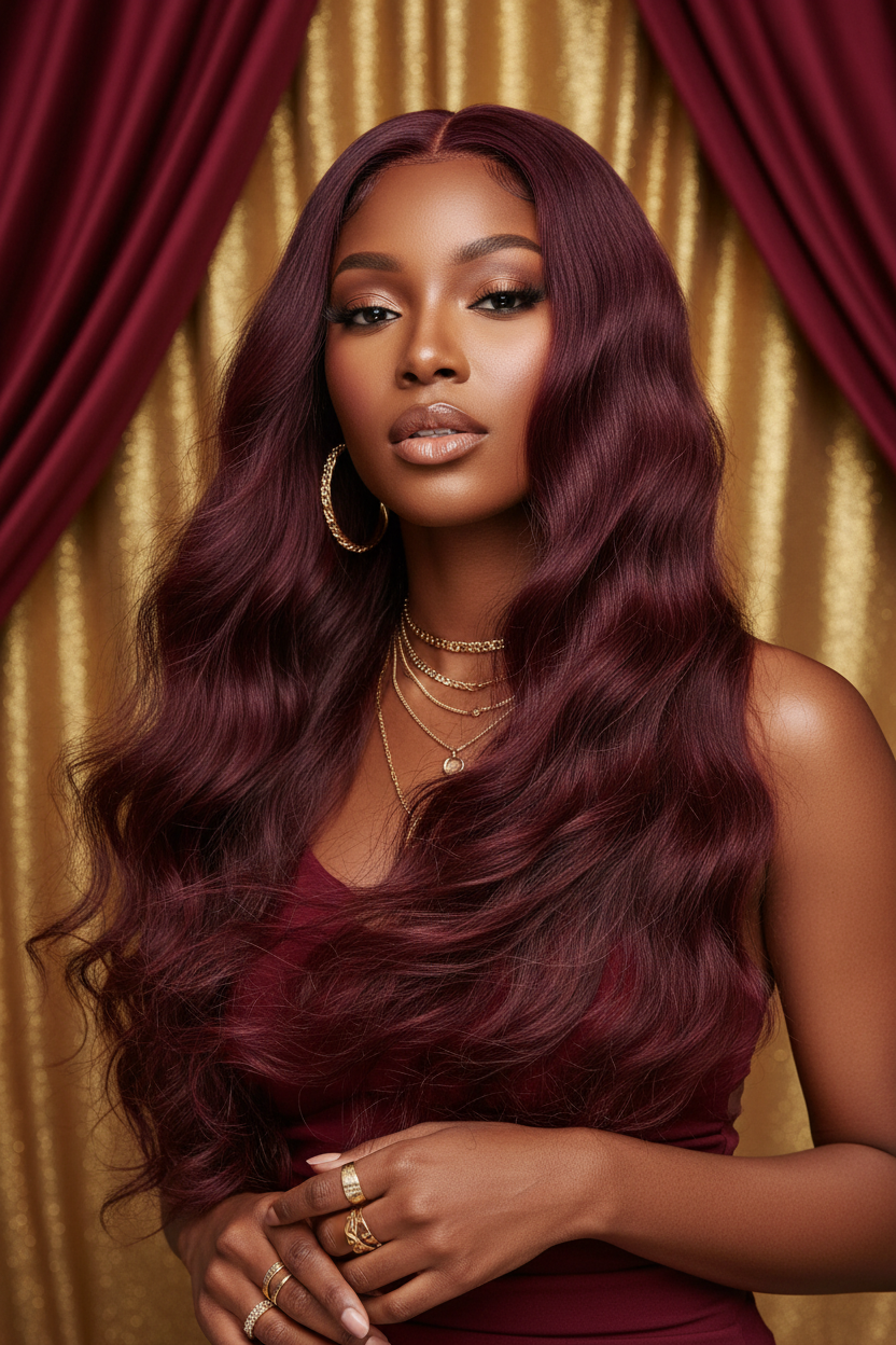 Woman with loose wavy wine burgundy wig in luxury studio setting