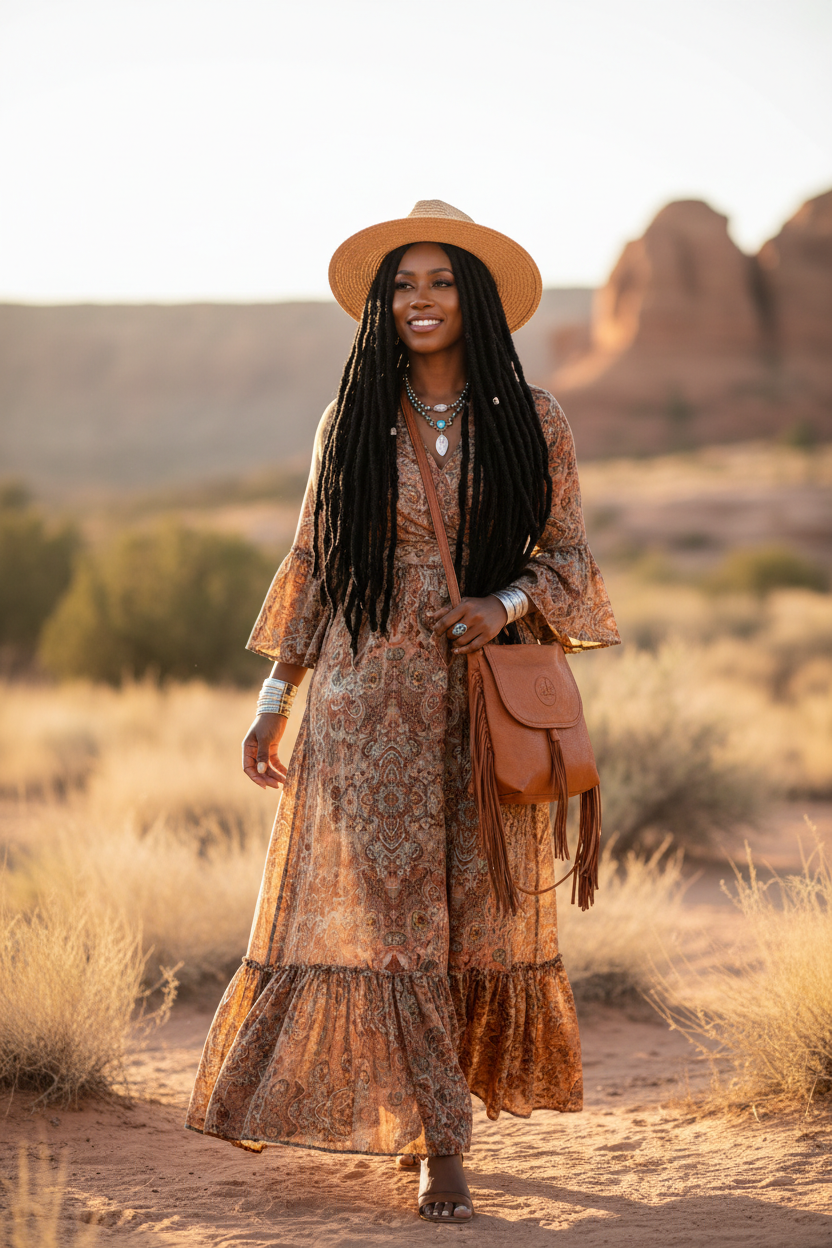 Full body lifestyle shot of woman wearing long faux locs twist wig
