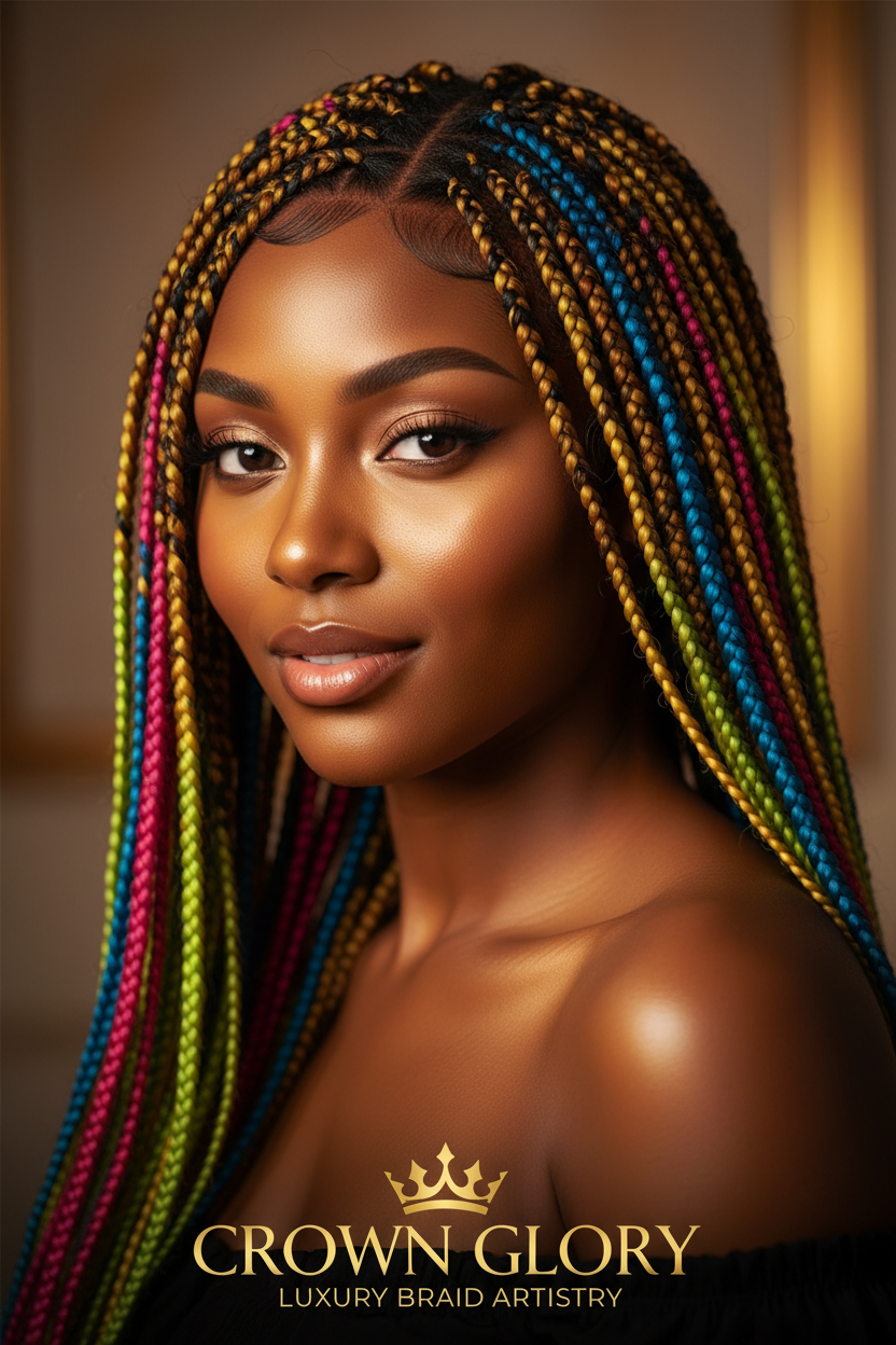 Confident woman with bold colored knotless braids wig, golden lighting