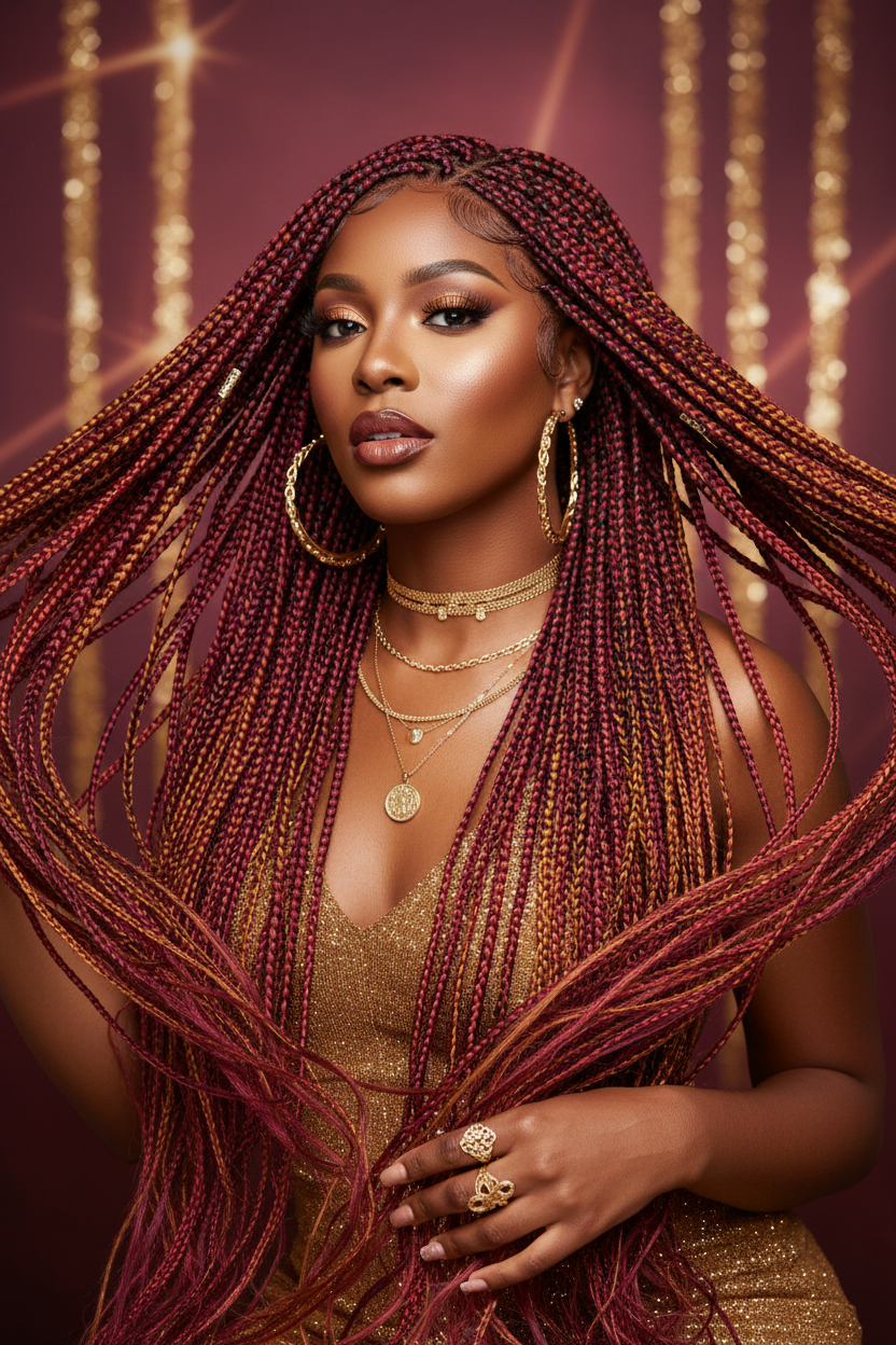 Woman wearing colorful knotless braids wig in luxury studio setting