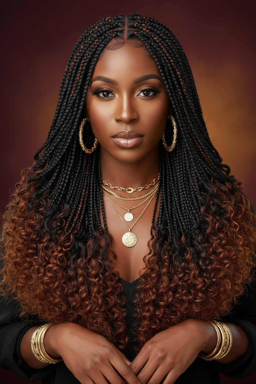 Woman wearing feeding braid wig with curly ends in 1B/30 color, studio setting