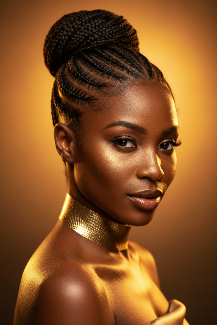 Close-up of intricate tribal cornrow braids with geometric pattern