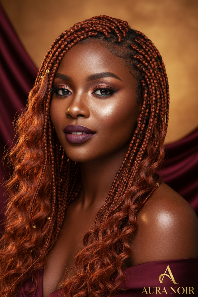 Close-up of copper red bohemian knotless braids with curly ends