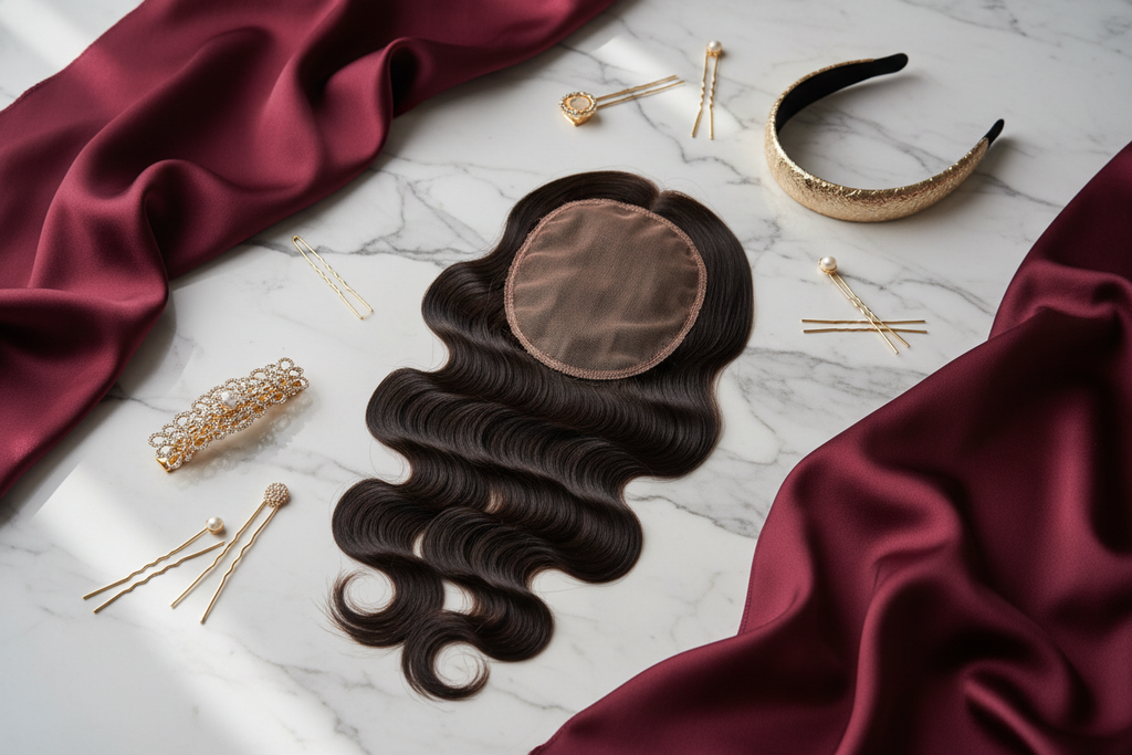 Brazilian body wave 4x4 lace closure flat lay with gold accessories and burgundy silk