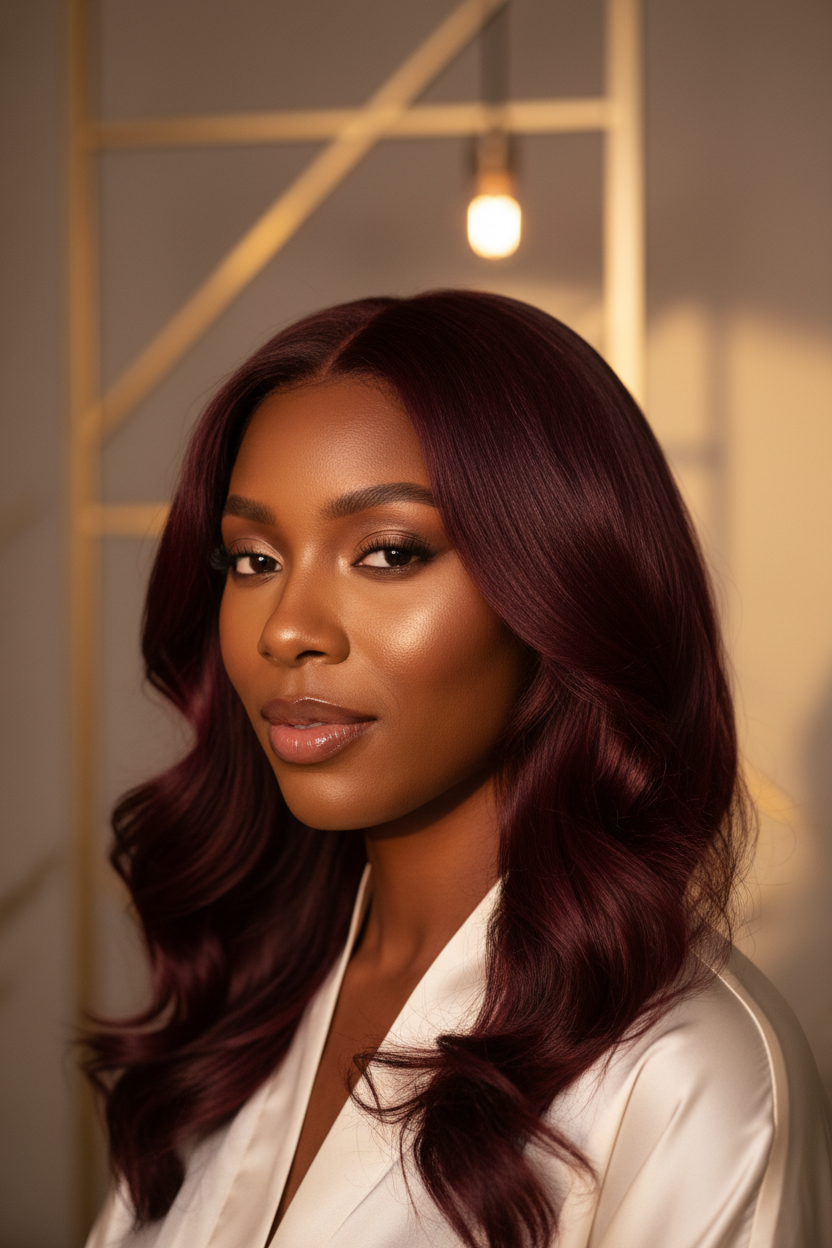 Close-up of loose wavy wine burgundy hair with golden lighting