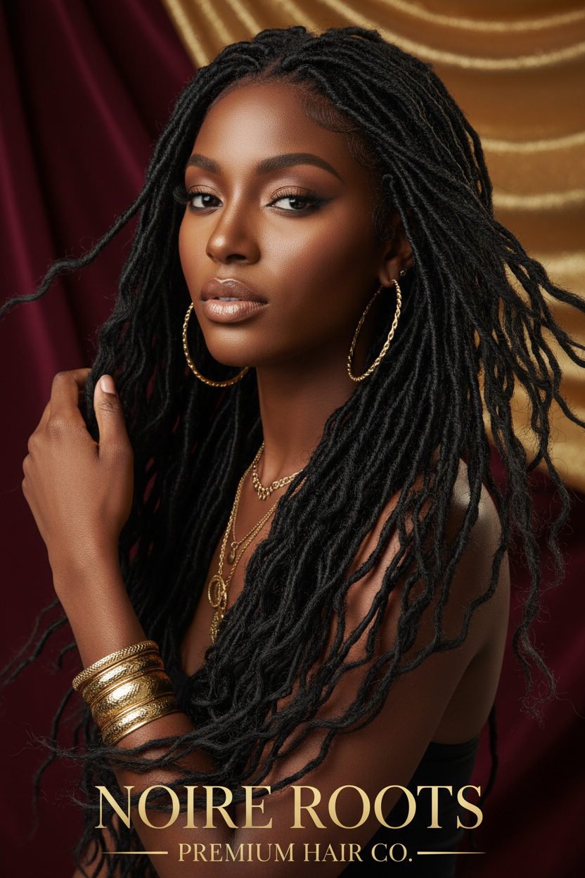 Woman wearing long faux locs twist wig in luxury studio setting