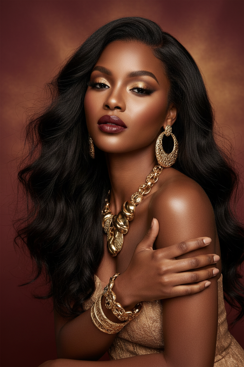 Glamorous woman with Brazilian body wave hair in burgundy and gold luxury setting