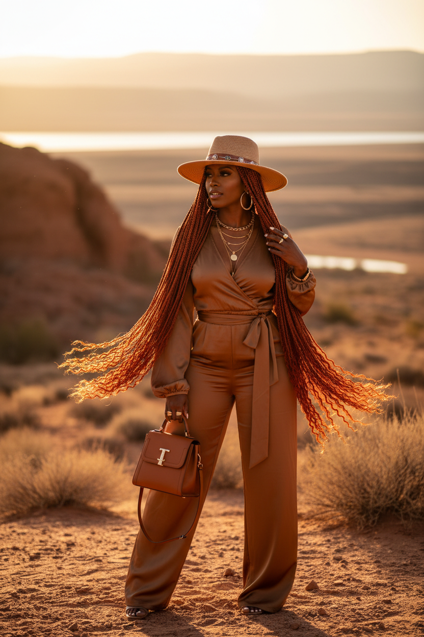 Full body lifestyle shot with long copper red knotless braids at golden hour