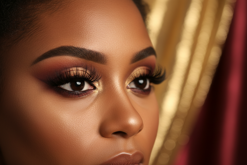 Close-up of bold dramatic lifted mink lashes on Black woman