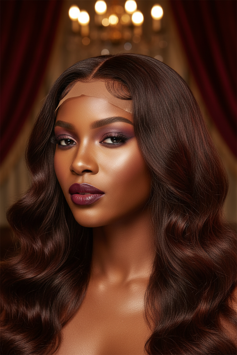 Close-up of Brazilian body wave lace closure with golden lighting