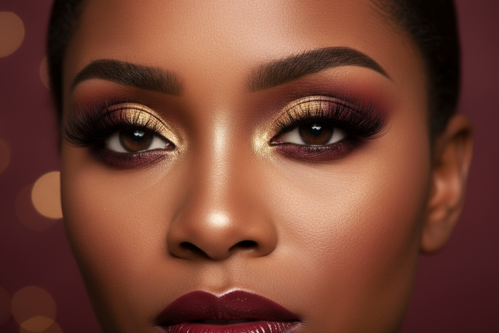 Close-up of full volume faux mink lashes on Black woman, glam makeup