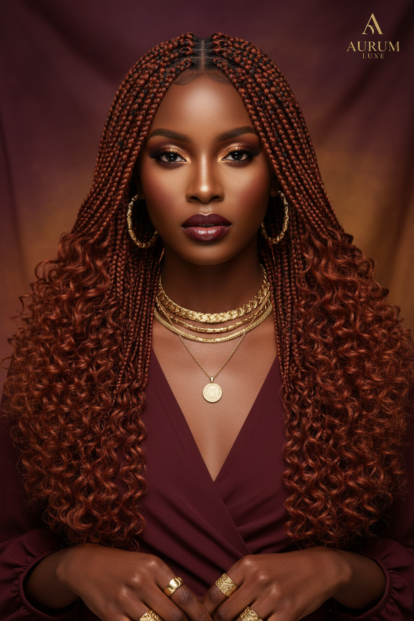 Woman with copper red bohemian knotless braids in luxury studio setting