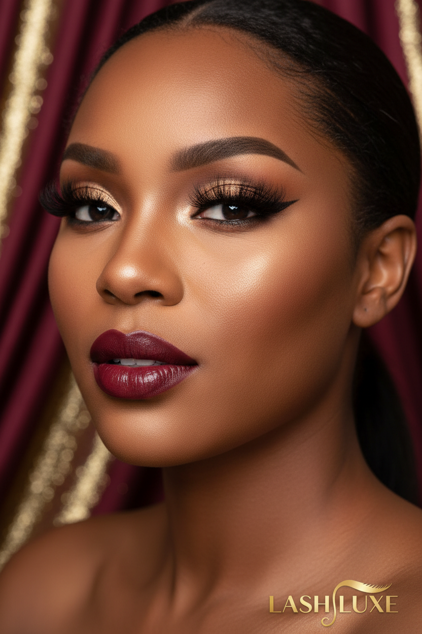 Glamorous Black woman wearing full volume faux mink lashes, luxury beauty