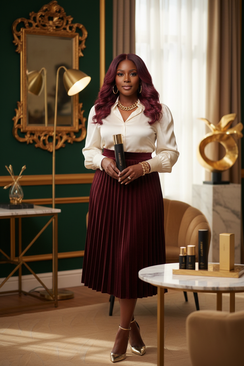 Full body lifestyle shot with 18 inch loose wavy wine burgundy wig