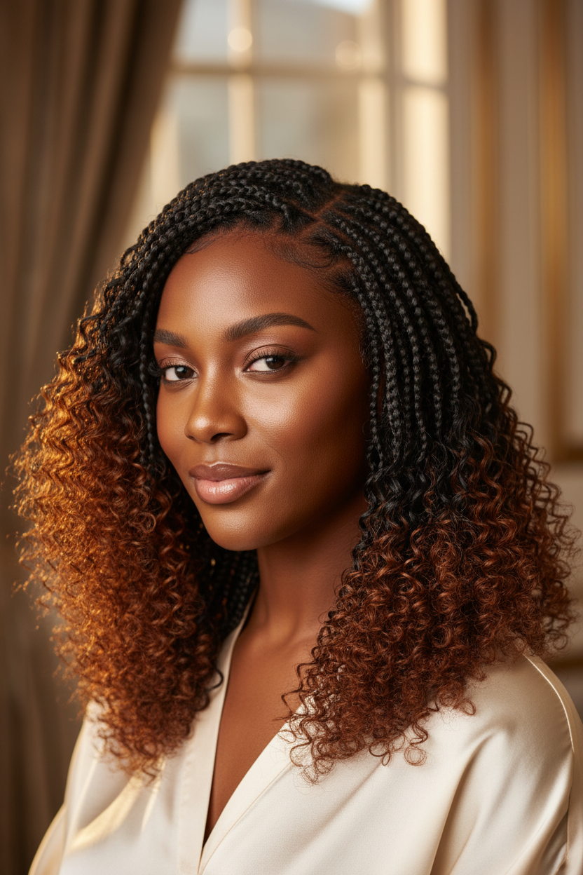 Close-up of feeding braids with human hair curly ends in 1B/30 color