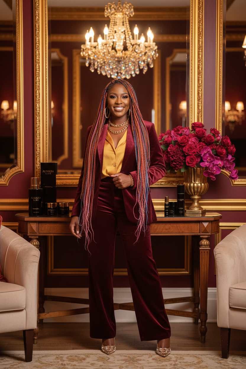 Full body lifestyle shot of woman wearing colorful knotless braids wig