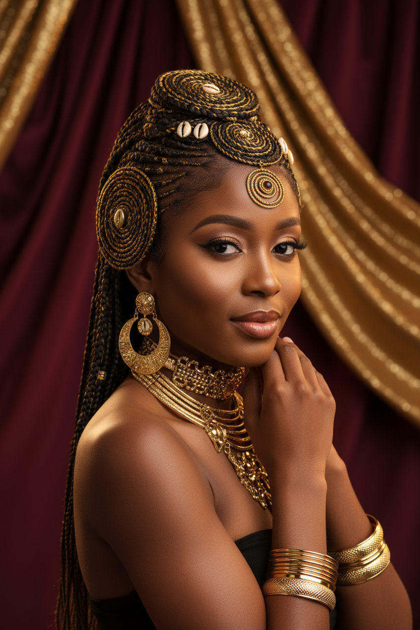 Woman wearing tribal cornrow braided wig in luxury studio setting